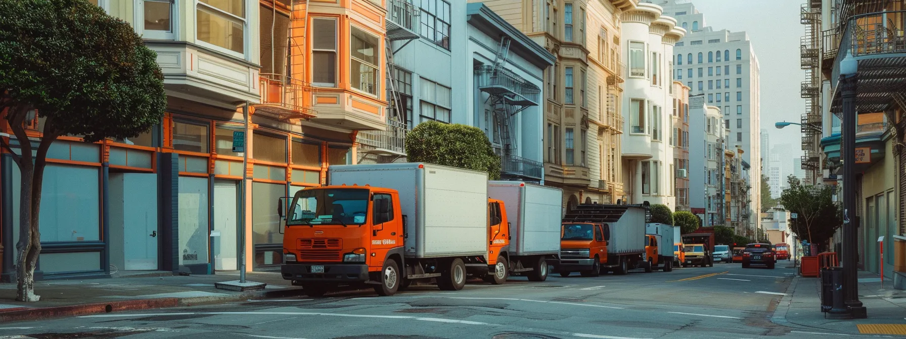 Ultimate Guide to San Francisco Local Moving Companies 4 0bb89f94 0681 45c4 a4c4 2b709e9ee5fb a diverse lineup of moving trucks parked on a vibrant san francisco street, showcasing the variety of local moving companies available for research.