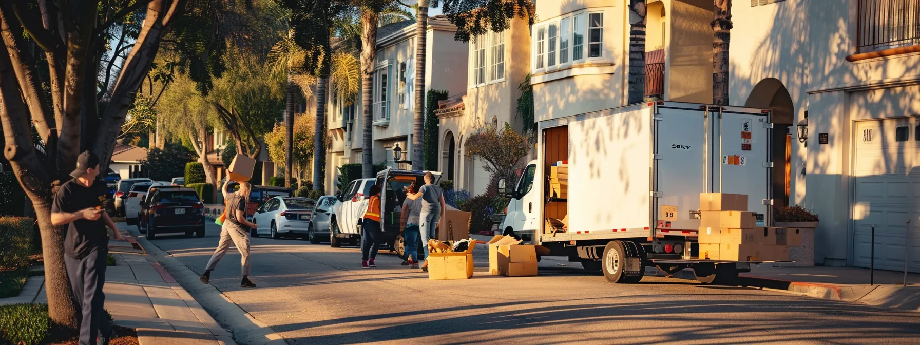 Essential Guide to Selecting Los Angeles Movers for Your Residential Move 4 0f364a9e f1d0 4b1f 9eb9 32003ce2cc3d a professional moving crew carefully loading boxes and furniture into a moving truck in front of a cozy residential neighborhood in los angeles.