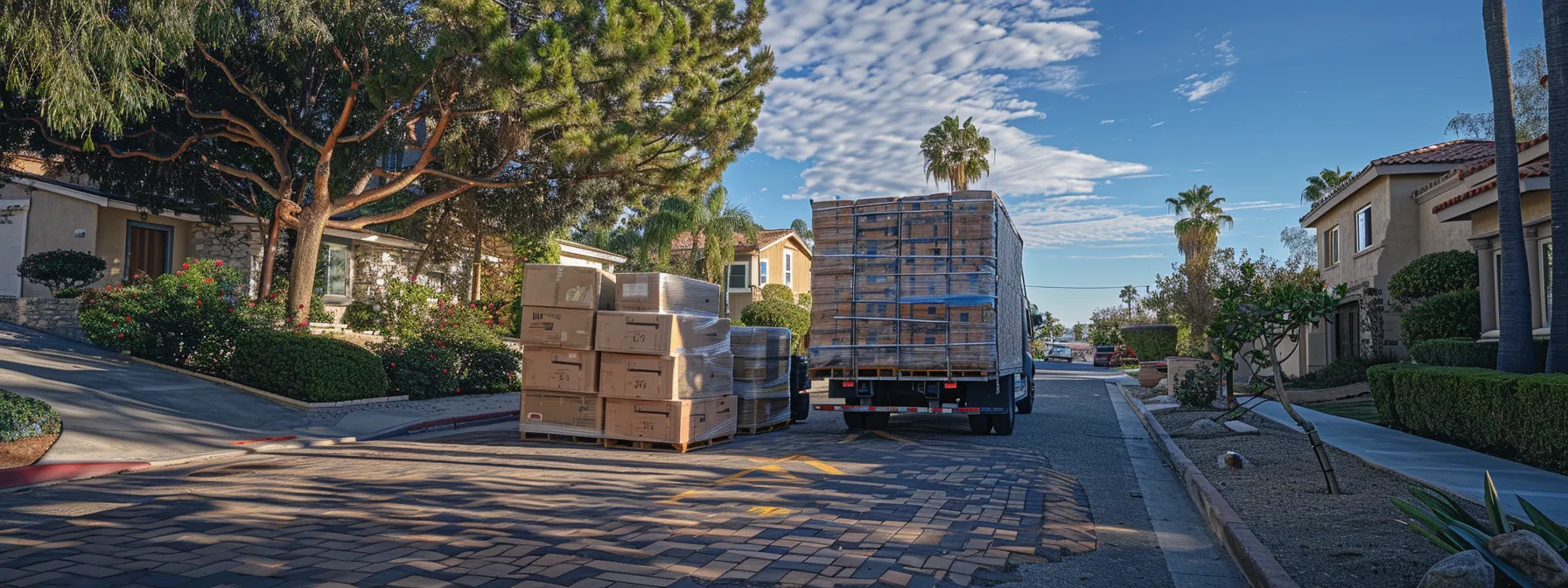 Stress-Free, Affordable Moving in San Diego 3 1f2bcbcd 9499 45b7 abf7 89fe38203be0 a moving truck loaded with neatly stacked boxes and protected with shrink wrap, parked outside a house in san diego.
