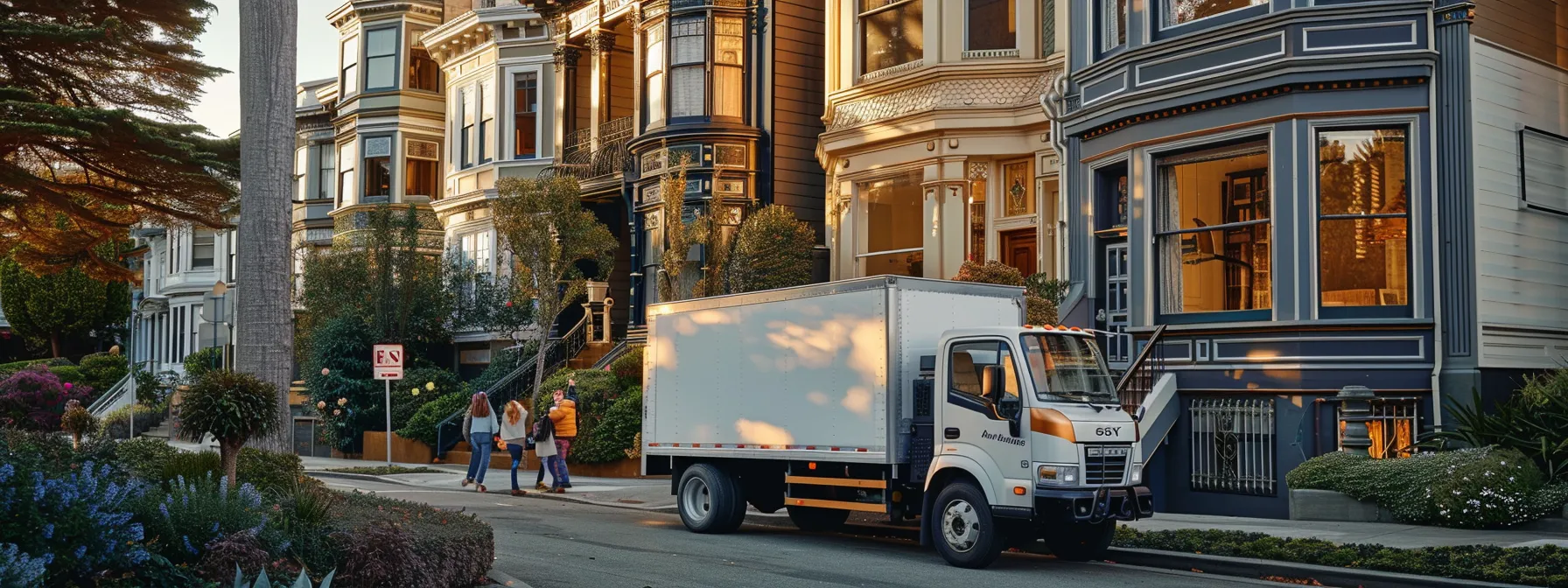 Essential Tips for Selecting the Right Moving Company in San Francisco 8 37b44477 1b7e 4490 8005 e1f970b08cc9 a professional moving company truck parked in front of a beautiful san francisco victorian home, surrounded by happy customers giving a thumbs up and smiling.