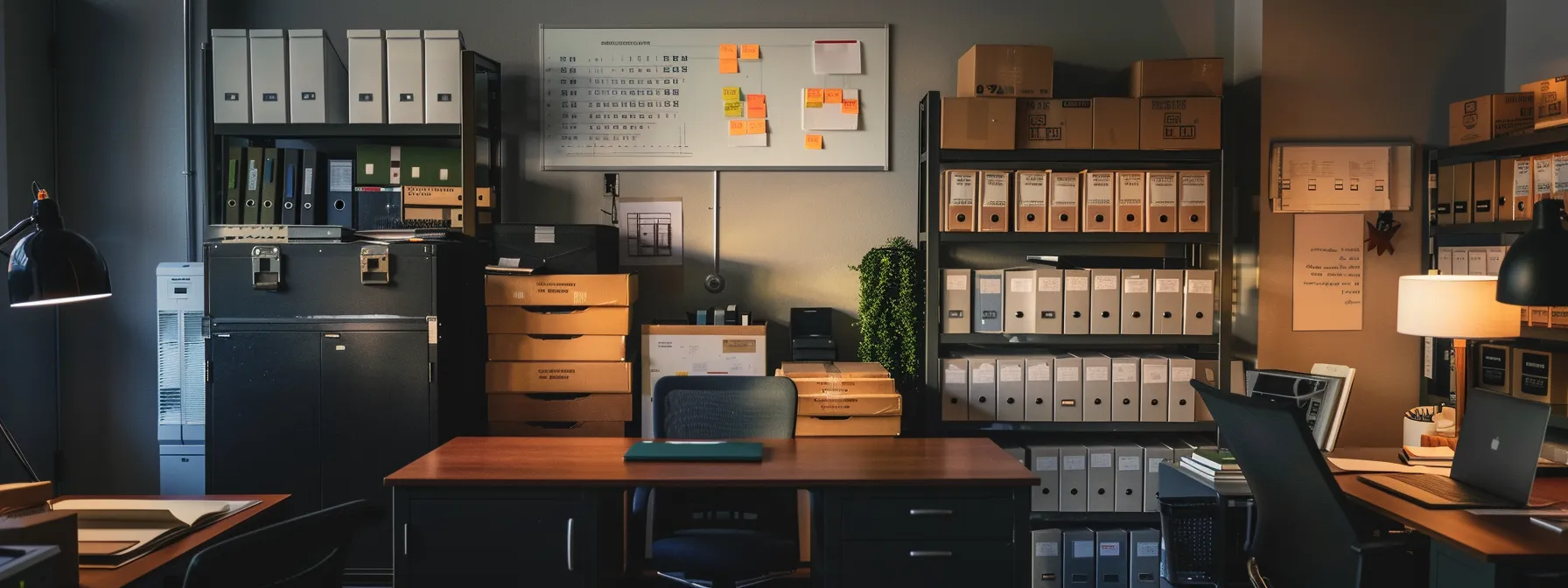 Orange County Office Moving Services: Your Detailed Relocation Guide 8 56855ea9 d319 4259 98a8 a195e2072045 a neatly organized office desk with labeled boxes, a secure safe, and a whiteboard showing relocation plans in orange county.