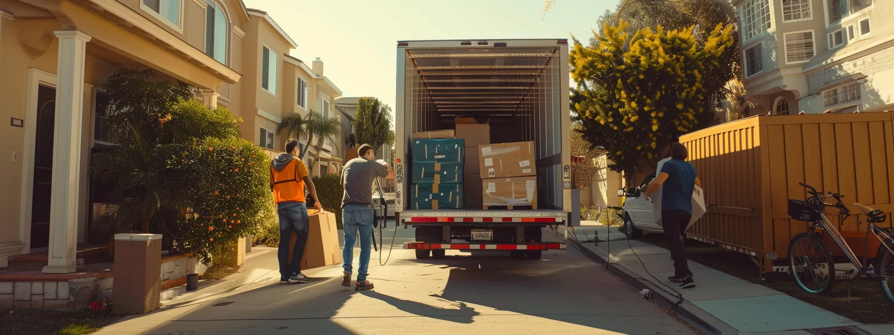 Essential Guide to Local Moving Services in San Diego 3 576ee114 397f 4a4a 83be 326e3f467893 a professional moving crew carefully wrapping and loading boxes onto a moving truck in a sunny san diego neighborhood.