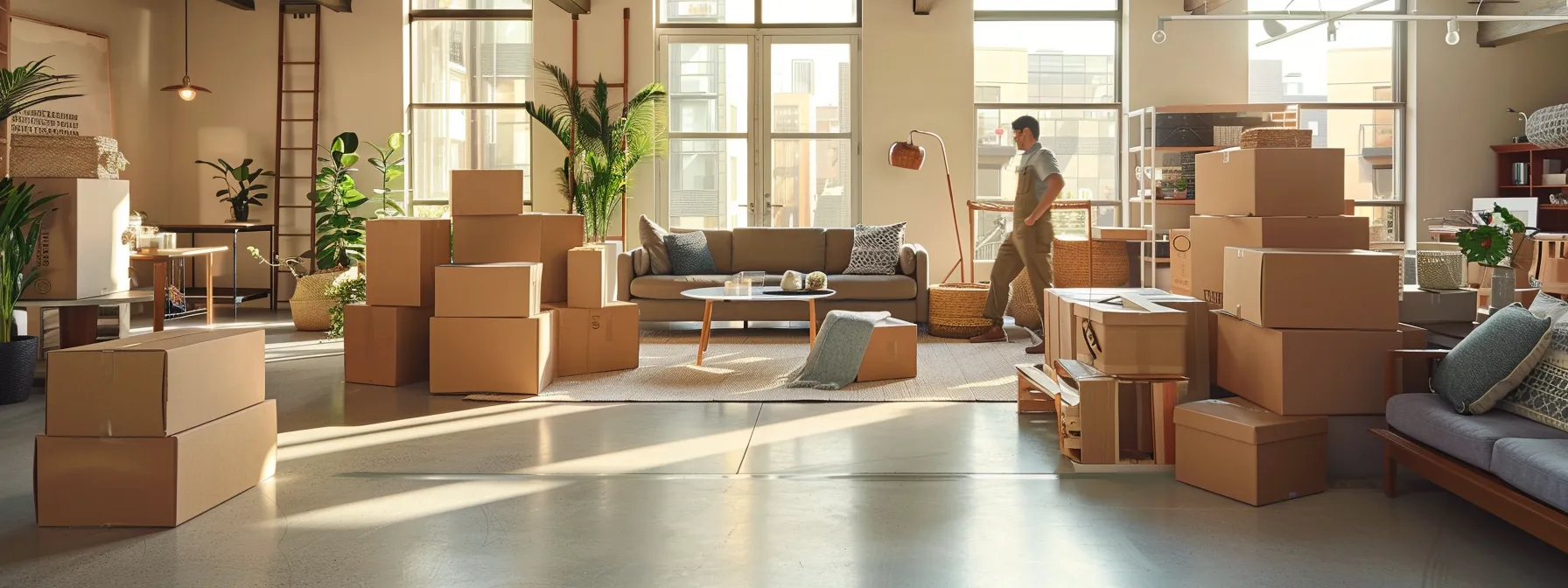 Expert Guide to Long Distance Movers in San Jose 3 5940e674 c6eb 43b5 96b3 e76210e6cf66 a spacious living room filled with moving boxes and furniture, with a group of movers in uniform discussing logistics and taking inventory.