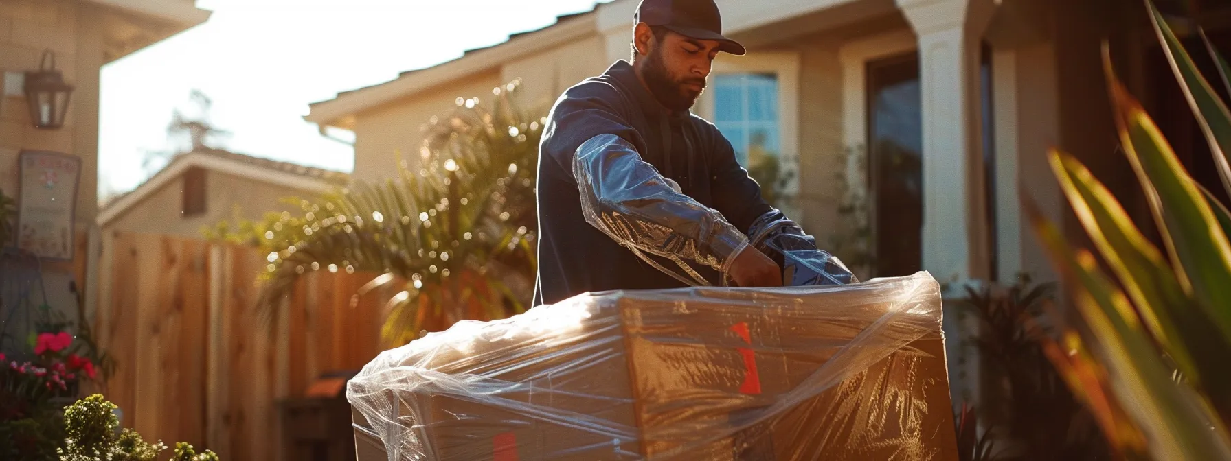 San Diego Local Moving Services: Comprehensive Guide 3 6fcbc3bc 4208 418e 89d9 b379b38d99e8 a professional mover carefully wrapping a piece of furniture in shrink wrap in a sunny san diego neighborhood.