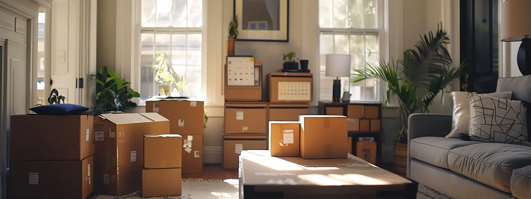 San Diego Local Moving Services: Comprehensive Guide 6 9ed7c120 45a6 4561 b0ef 3045ec0061c2 a neatly organized living room with labeled moving boxes stacked against the wall, a calendar marked with moving tasks, and a checklist of contacts to notify about the move displayed on a table.