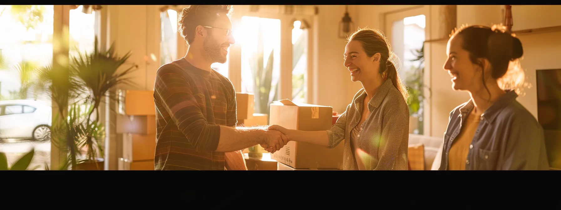 Comprehensive Guide to San Diego Movers and Their Storage Facilities 3 c697e44c 8718 4c1e 8bf2 313a7e6fb2d9 a couple smiling, surrounded by moving boxes, happily shaking hands with a professional san diego mover in a bright, sunlit room.
