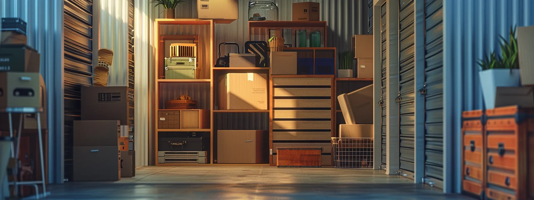 How Secure Storage Services Enhance Your Orange County Move 5 d9076122 57c1 4ccd 8cde 7945d94102ce a brightly lit storage unit filled with neatly stacked boxes and furniture items, providing a secure and organized space for belongings during a move in orange county.