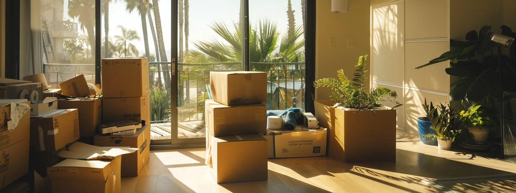 Comprehensive Guide to San Diego Movers and Their Storage Facilities 8 df34b315 e836 4e78 8180 ccd283179057 unpacking boxes in a sunny san diego living room, surrounded by neatly organized belongings and a view of palm trees through the window.