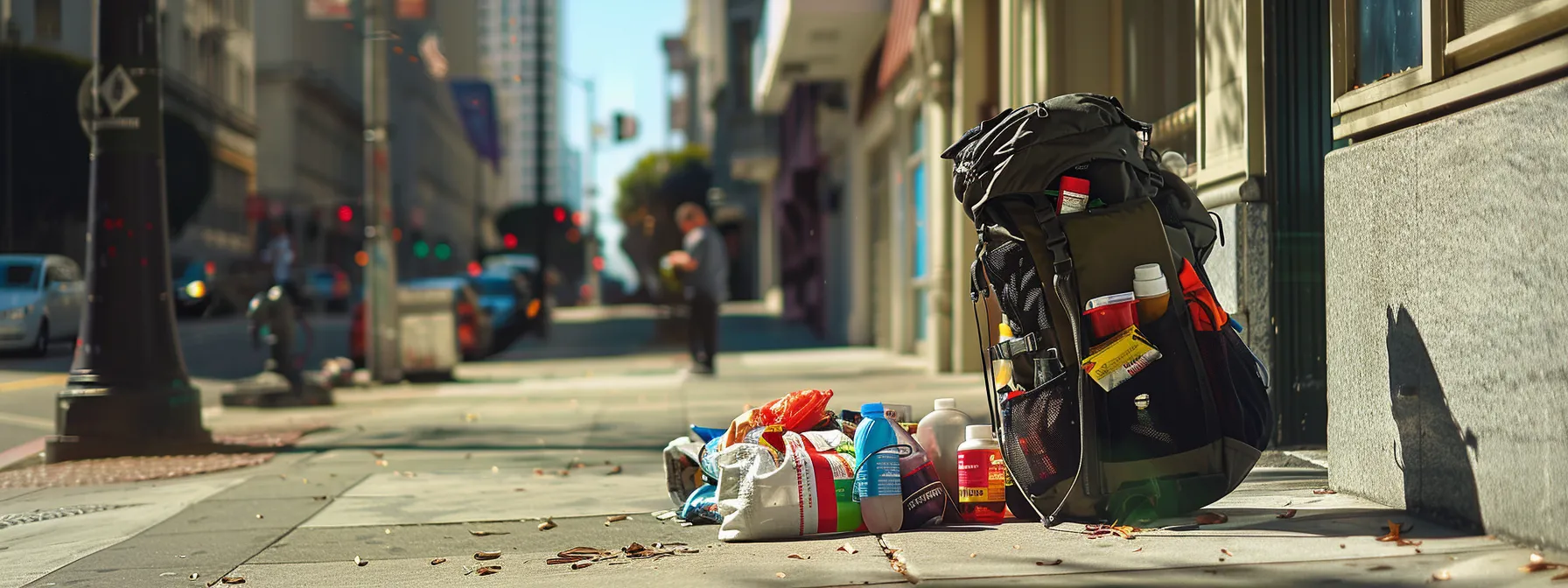 a backpack filled with medication, toiletries, important documents, snacks, and water placed on a sunny sidewalk in downtown san francisco. a backpack filled with medication, toiletries, important documents, snacks, and water placed on a sunny sidewalk in downtown san francisco.