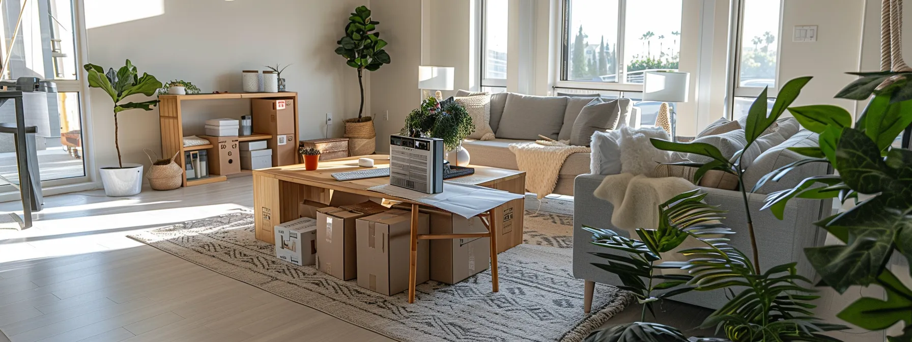 a bright, organized living room in irvine, ca with labeled moving boxes and a customized moving plan laid out on a table. a bright, organized living room in irvine, ca with labeled moving boxes and a customized moving plan laid out on a table.