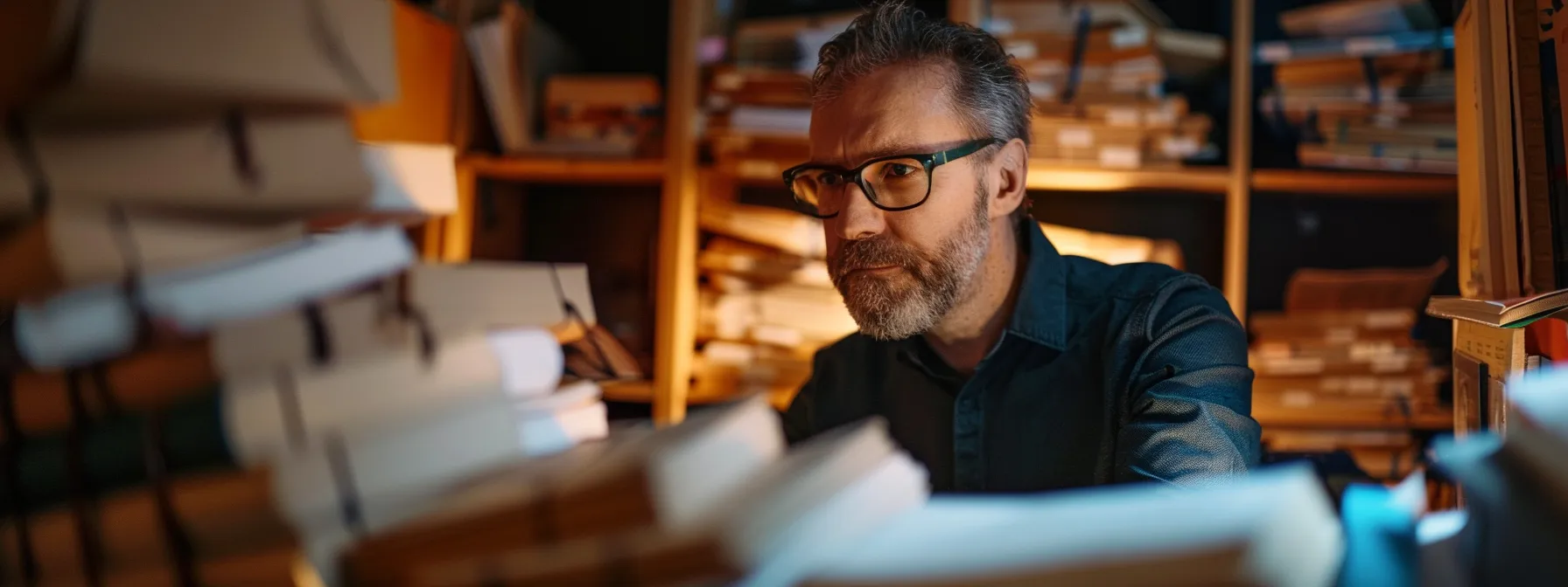 a businessman surrounded by a stack of detailed moving company quotes, analyzing costs and comparing value in preparation for an office relocation in orange county. a businessman surrounded by a stack of detailed moving company quotes, analyzing costs and comparing value in preparation for an office relocation in orange county.