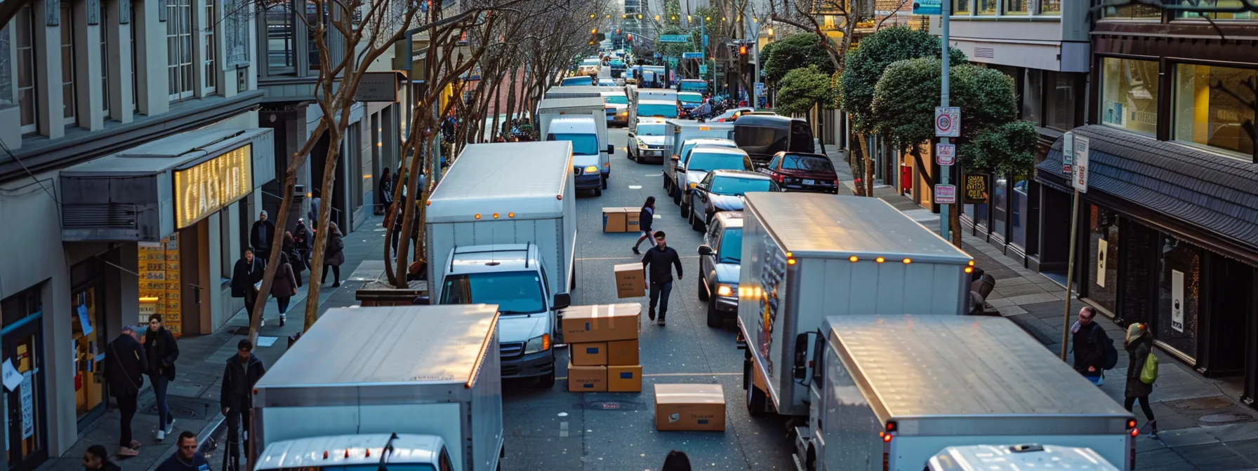 a bustling city street crowded with parked moving trucks, as people carrying boxes make their way towards a high-rise apartment building in downtown san francisco. a bustling city street crowded with parked moving trucks, as people carrying boxes make their way towards a high-rise apartment building in downtown san francisco.