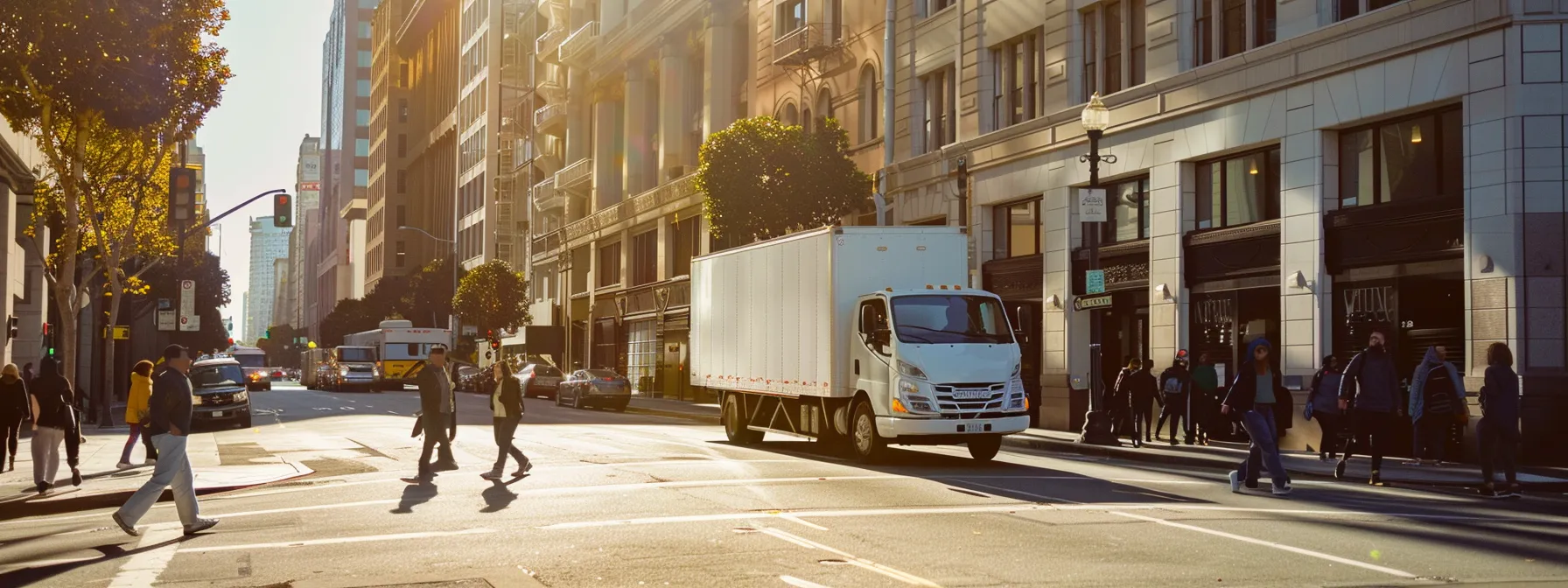 a bustling city street filled with movers carefully loading a moving truck under the sunny skies of downtown san francisco. a bustling city street filled with movers carefully loading a moving truck under the sunny skies of downtown san francisco.