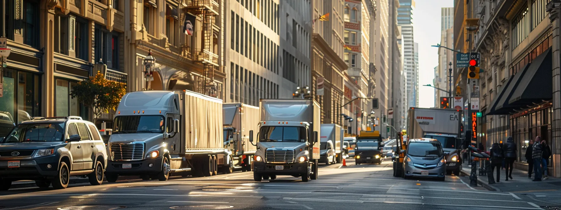 a bustling city street in downtown san francisco lined with moving trucks and professional movers unloading furniture, showcasing the importance of efficient business relocation. a bustling city street in downtown san francisco lined with moving trucks and professional movers unloading furniture, showcasing the importance of efficient business relocation.