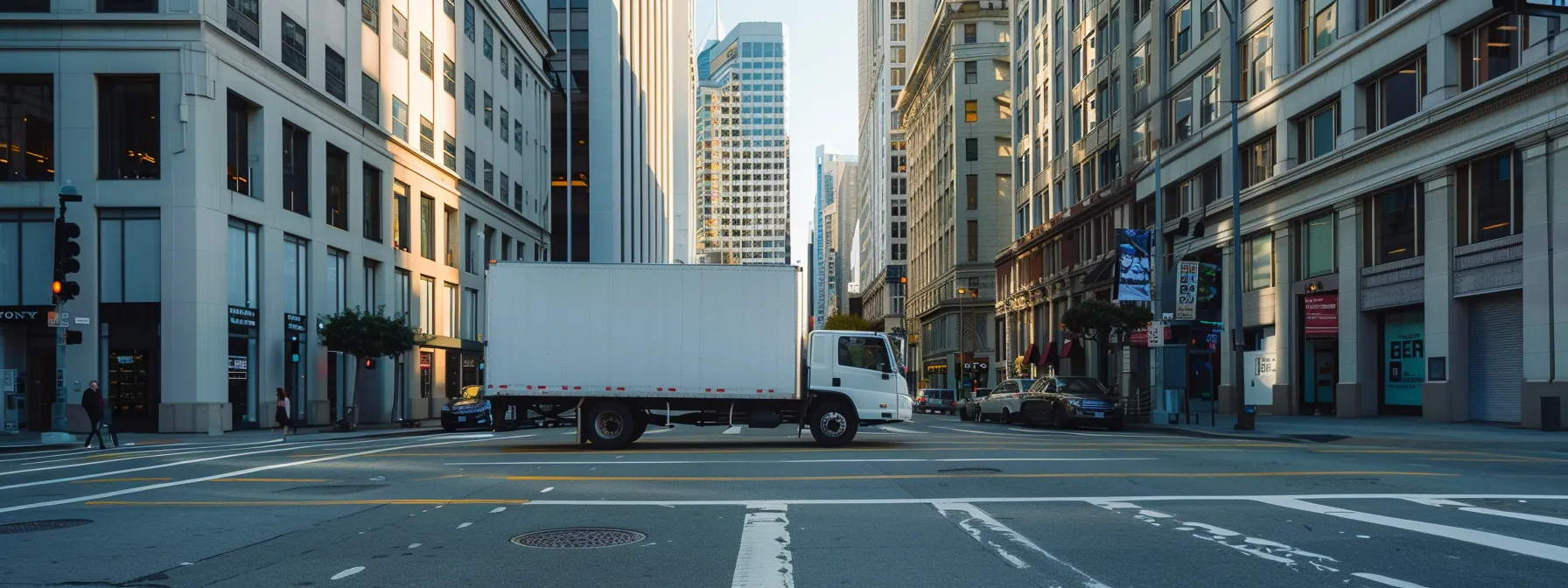 a bustling cityscape of downtown san francisco with a reliable commercial moving truck parked outside a high-rise office building.