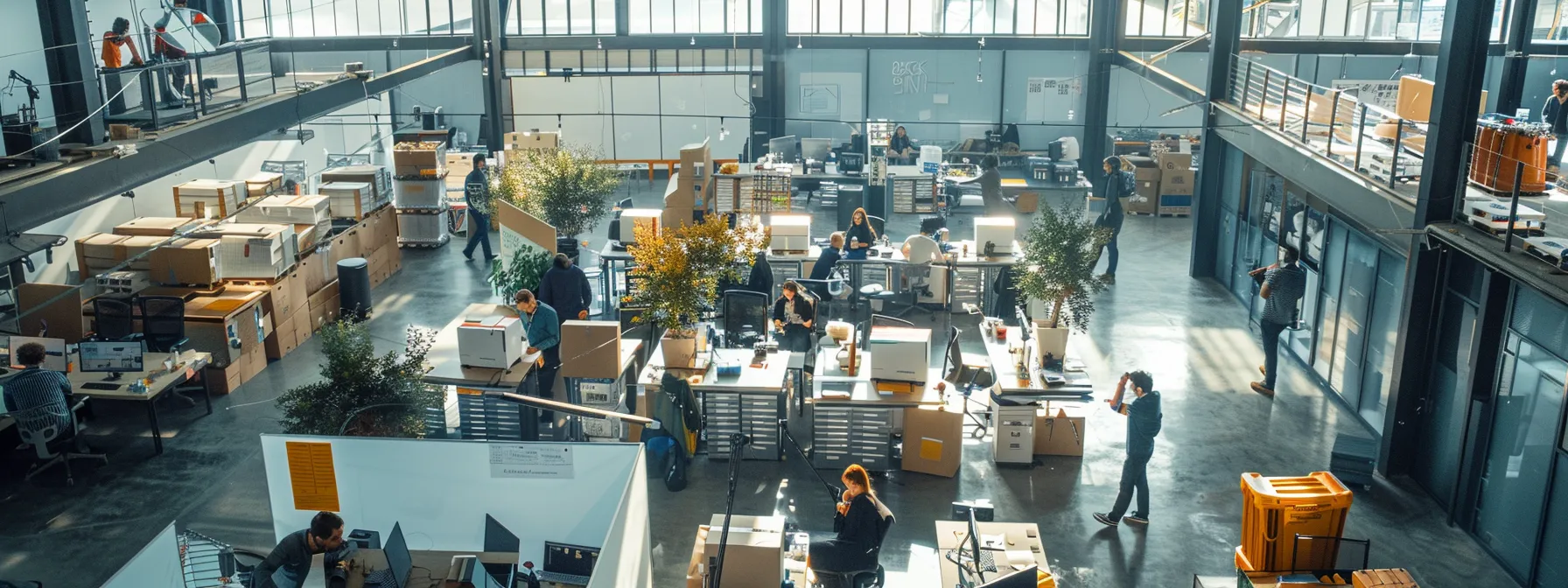 a bustling corporate office with employees and stakeholders working together to plan a seamless business move, surrounded by stacks of moving boxes and a large whiteboard filled with relocation logistics.