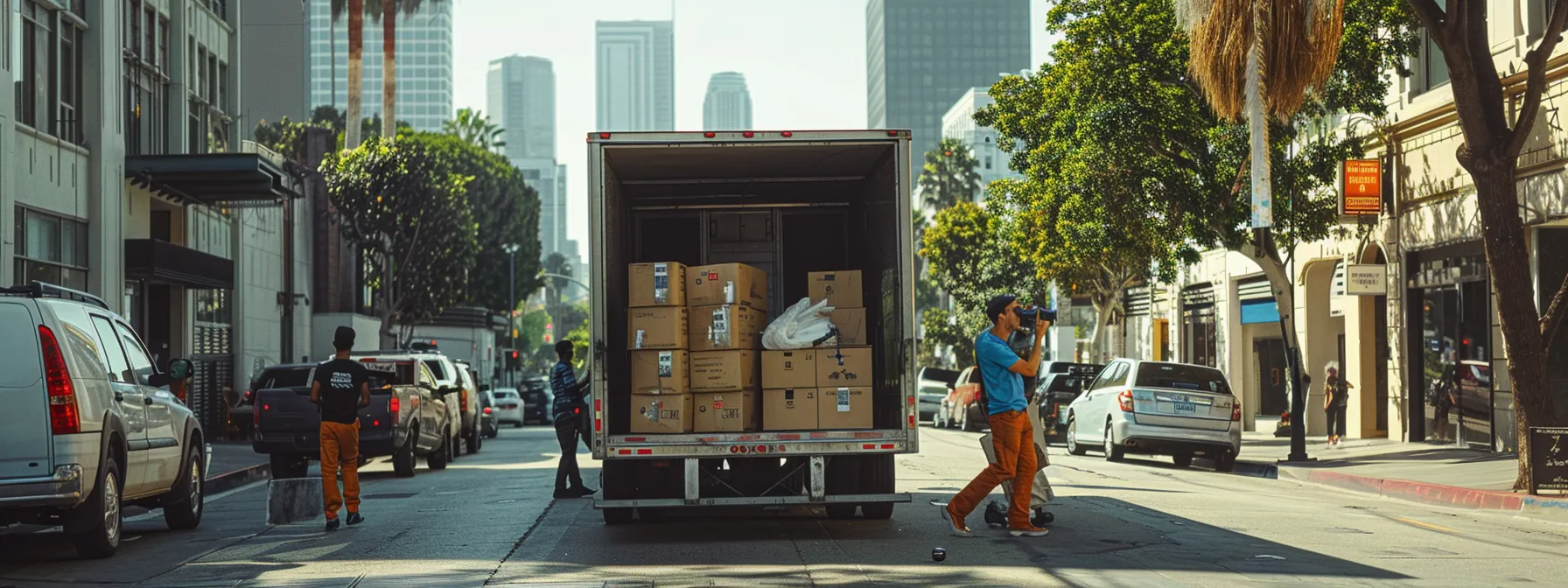 a bustling moving team carefully loading a moving truck in sunny los angeles, ensuring the safe transport of belongings with a backdrop of cityscape.