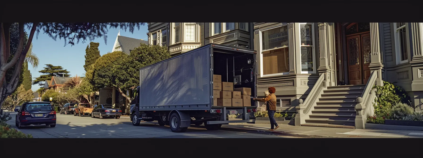 a bustling moving team carefully packing boxes and loading a moving truck outside a charming san francisco victorian house. a bustling moving team carefully packing boxes and loading a moving truck outside a charming san francisco victorian house.