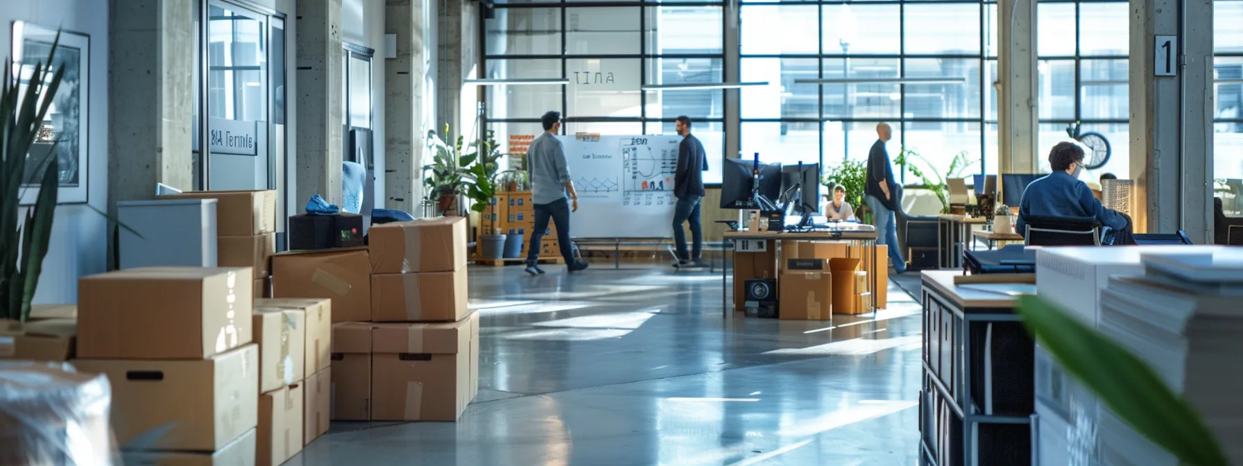 a bustling office in downtown san francisco with moving boxes stacked neatly, a team of professionals discussing logistics, and a clear timeline displayed on a whiteboard. a bustling office in downtown san francisco with moving boxes stacked neatly, a team of professionals discussing logistics, and a clear timeline displayed on a whiteboard.