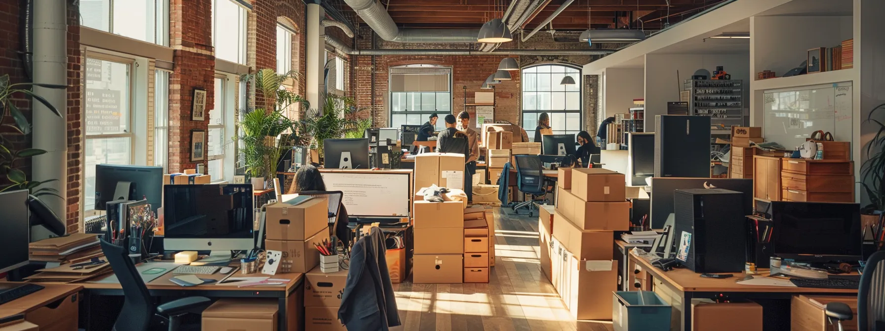 a bustling office space filled with moving boxes, whiteboards, and computers, as a professional team works together to organize and pack for a smooth transition on moving day in downtown san francisco. a bustling office space filled with moving boxes, whiteboards, and computers, as a professional team works together to organize and pack for a smooth transition on moving day in downtown san francisco.