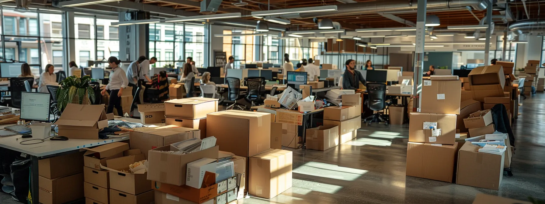 a bustling office space in san francisco's downtown district, filled with employees packing boxes and coordinating the seamless move to a new location. a bustling office space in san francisco's downtown district, filled with employees packing boxes and coordinating the seamless move to a new location.