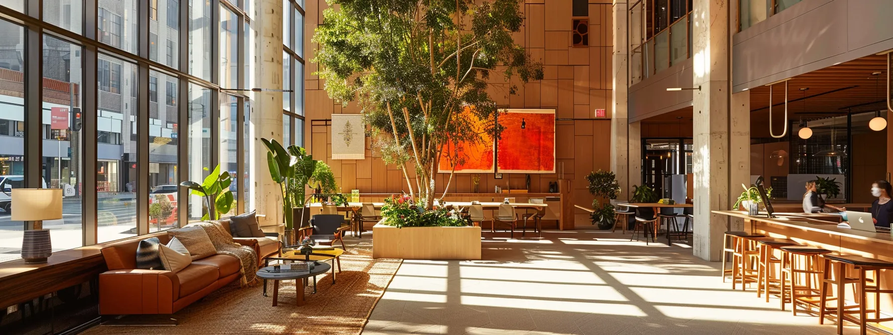 a bustling office space in downtown san francisco, seamlessly transitioned after relocation, with employees working diligently amidst modern decor and technology.