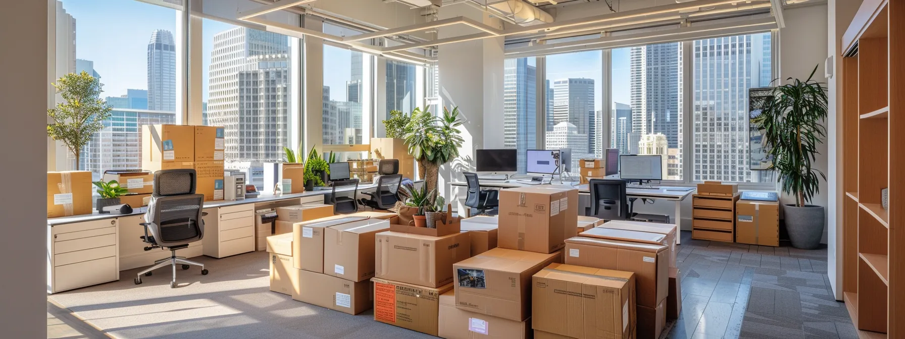 a bustling office space in downtown san francisco, showcasing a team meeting amidst moving boxes and updated contact lists, symbolizing a successful business operation post-move.