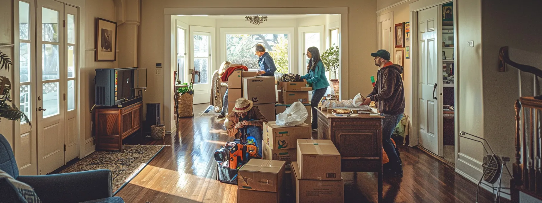 a bustling same-day moving crew swiftly packing up a family's belongings in a cozy los angeles home.