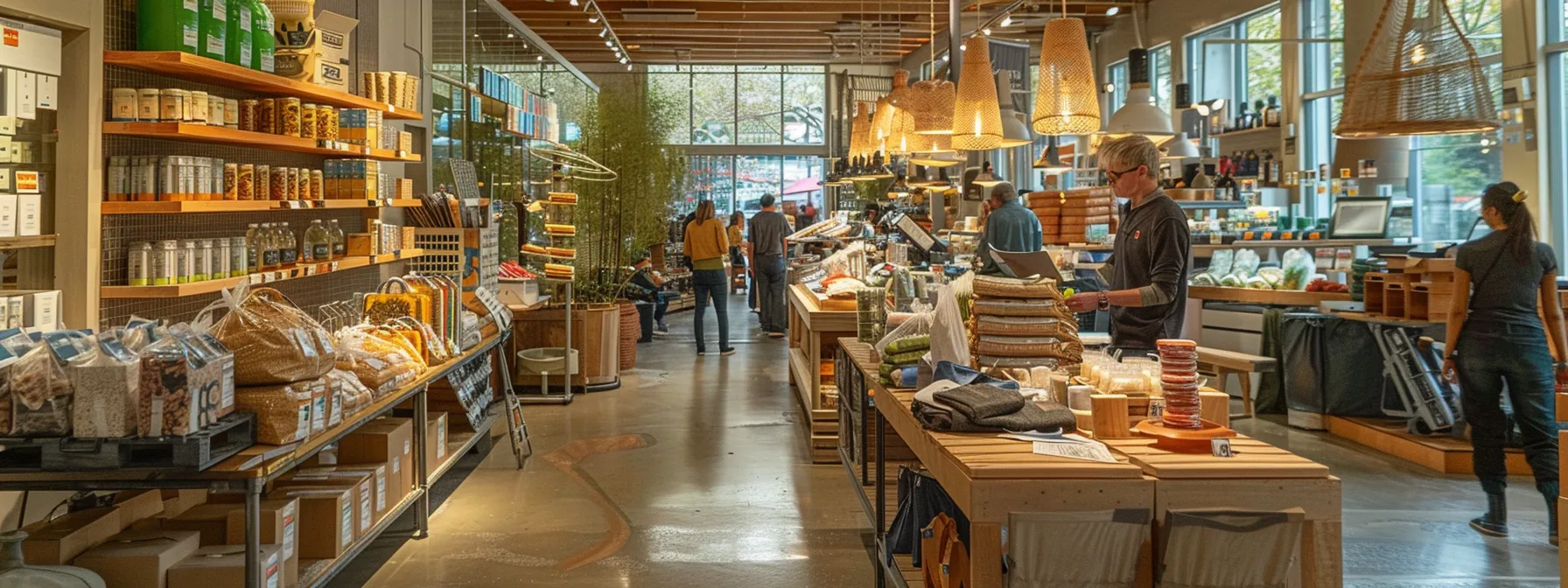 a bustling san francisco store displaying a wide array of eco-friendly packing supplies, ranging from recycled materials to biodegradable options, catering to environmentally conscious residents and various movers in the city. a bustling san francisco store displaying a wide array of eco-friendly packing supplies, ranging from recycled materials to biodegradable options, catering to environmentally conscious residents and various movers in the city.