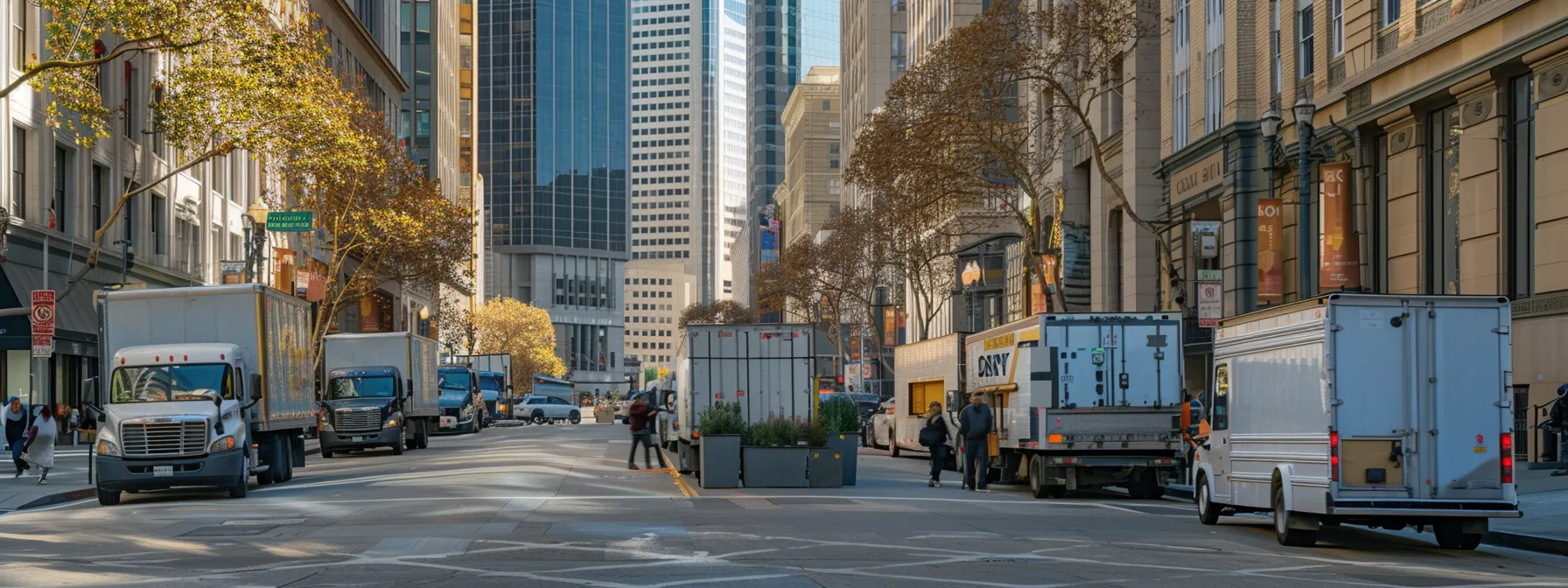 a bustling san francisco street lined with professional movers unloading trucks in front of high-rise office buildings.