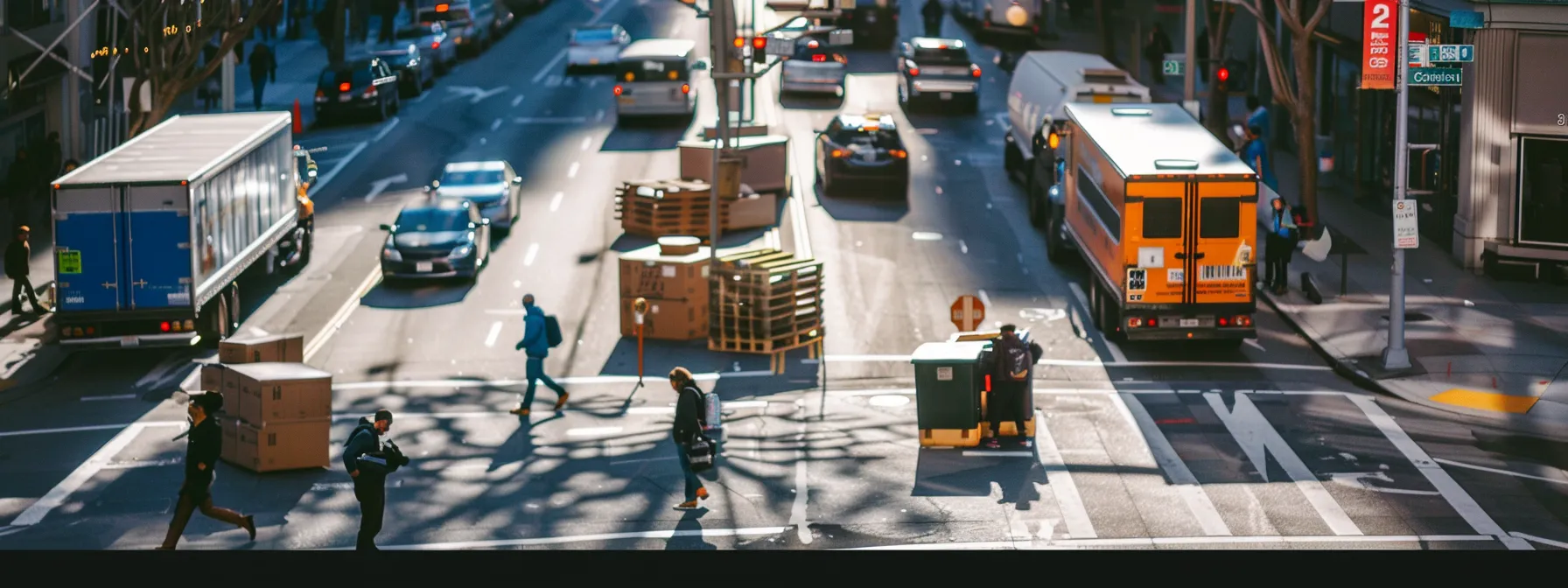 a bustling san francisco street corner lined with moving trucks and crates as people prepare to transport their vehicles to new york city. a bustling san francisco street corner lined with moving trucks and crates as people prepare to transport their vehicles to new york city.