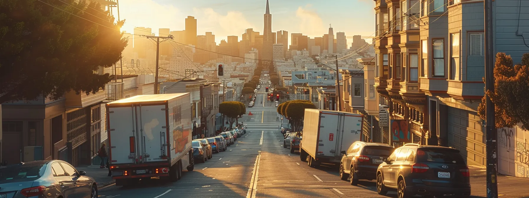 a bustling san francisco street lined with moving trucks and residents carrying boxes, with the iconic city skyline in the background. a bustling san francisco street lined with moving trucks and residents carrying boxes, with the iconic city skyline in the background.