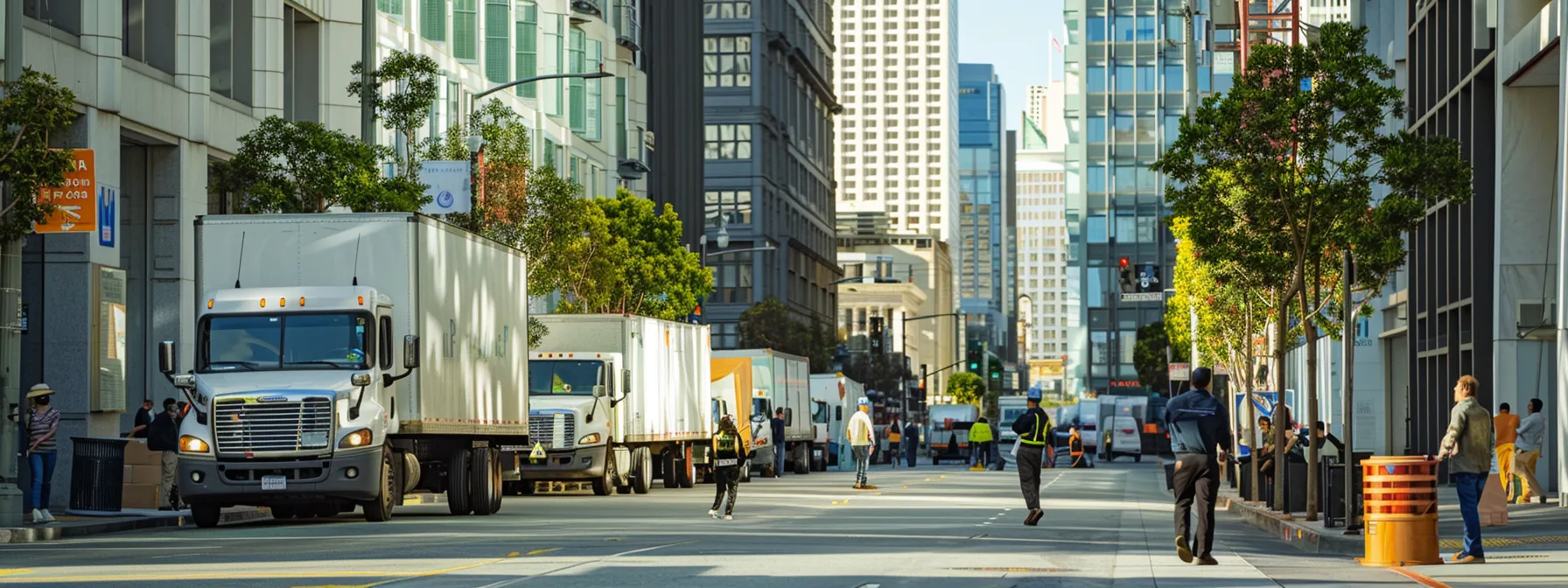 a bustling san francisco street with moving trucks lined up, workers unloading furniture, and a group of business professionals strategizing outside a modern office building.