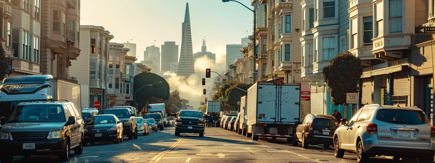 a bustling san francisco street lined with moving trucks of various sizes, with people comparing quotes and discussing services under the city's iconic foggy skyline. a bustling san francisco street lined with moving trucks of various sizes, with people comparing quotes and discussing services under the city's iconic foggy skyline.