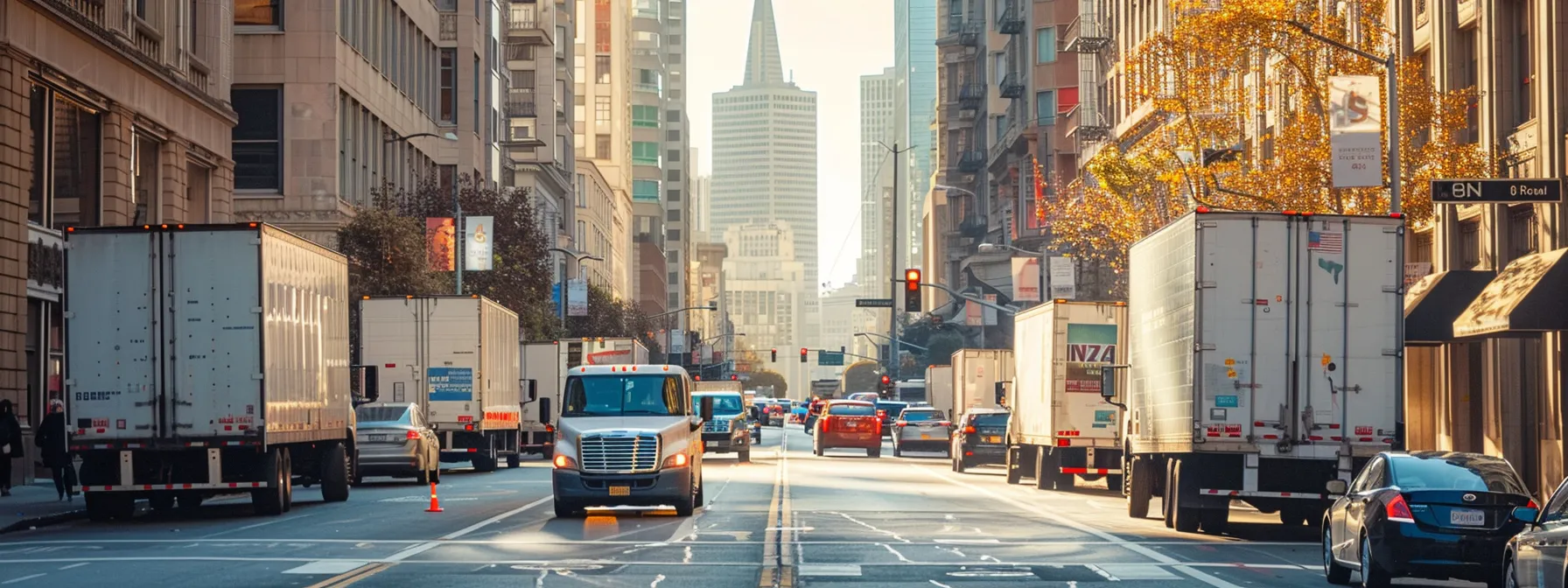 a bustling san francisco street lined with different moving trucks, showcasing the variety of specialized movers available in the city, with the iconic transamerica pyramid in the background.