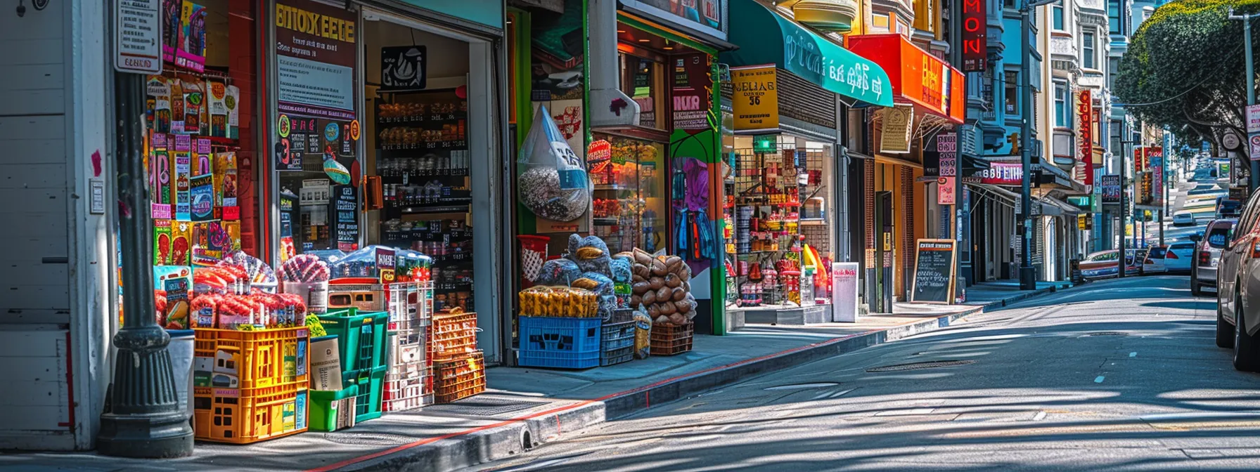 a bustling san francisco street corner featuring colorful local stores stocked with a variety of packing supplies. a bustling san francisco street corner featuring colorful local stores stocked with a variety of packing supplies.