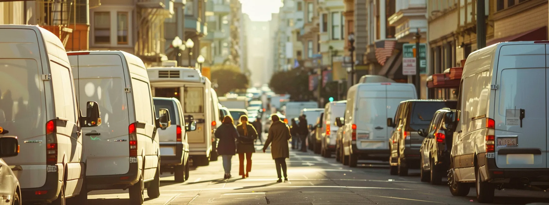 a bustling san francisco street lined with moving trucks, staff coordinating logistics, and essential items easily accessible, ensuring a smooth and efficient moving day.