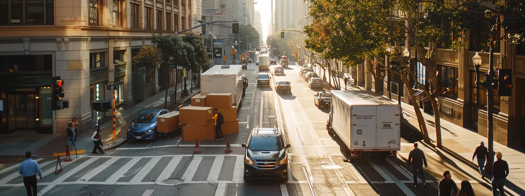 a bustling street in downtown san francisco with professional movers unloading boxes from a moving truck, showcasing efficient communication and optimal timing during a relocation process. a bustling street in downtown san francisco with professional movers unloading boxes from a moving truck, showcasing efficient communication and optimal timing during a relocation process.