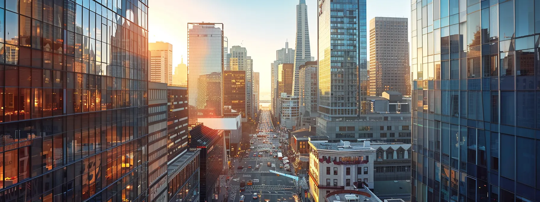 a bustling urban street in downtown san francisco, showcasing a mix of modern high-rise buildings and historic architecture, capturing the essence of the city's dynamic housing market.