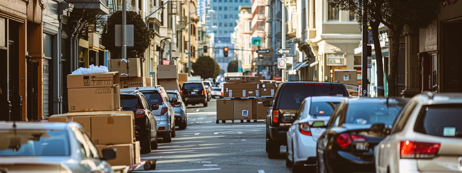 a busy city street in san francisco filled with moving boxes and packing supplies, showcasing the organized chaos of a well-executed relocation plan.