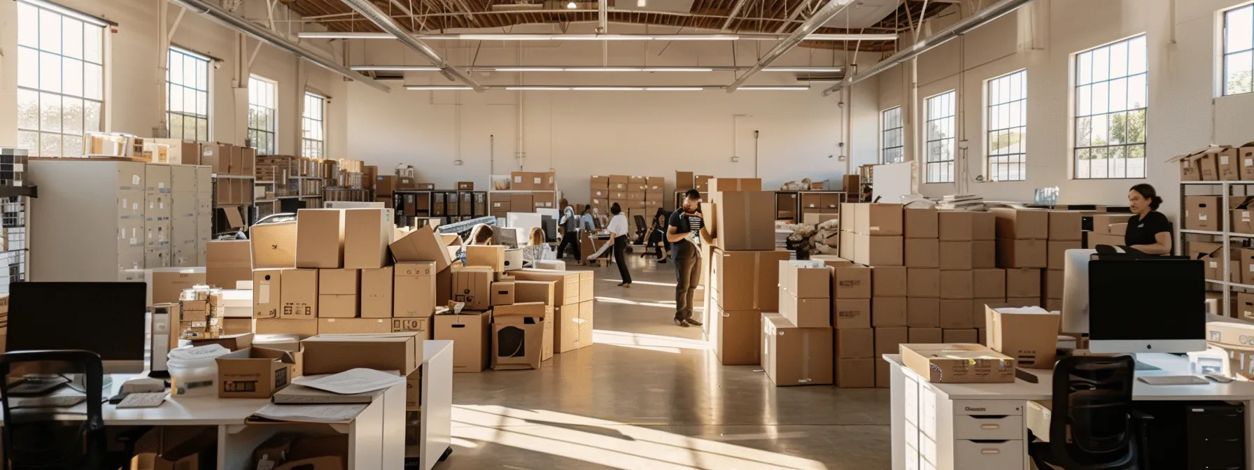 a busy southern california office with employees coordinating with a professional moving crew, surrounded by stacks of boxes labeled for different destinations. a busy southern california office with employees coordinating with a professional moving crew, surrounded by stacks of boxes labeled for different destinations.
