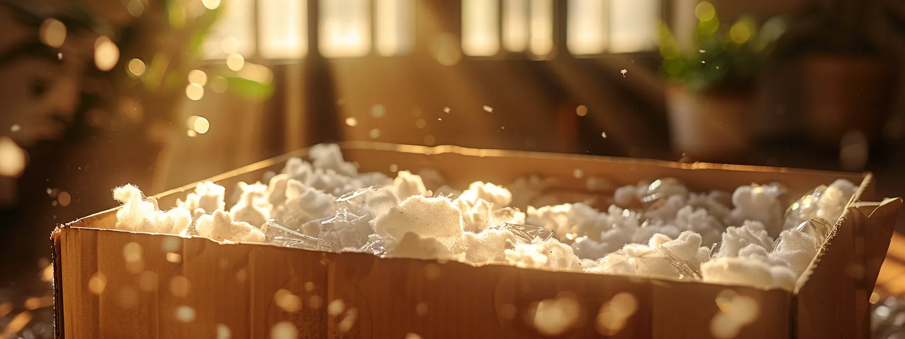 a cardboard box filled with biodegradable packing peanuts, surrounded by recyclable wrapping paper and compostable bubble wrap, with the sun shining through a window onto the eco-friendly materials.