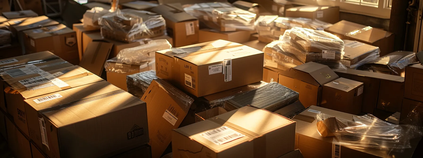 a cardboard box filled with carefully labeled and bubble-wrapped fragile items, surrounded by other labeled boxes, in a sunlit room in downtown san francisco.