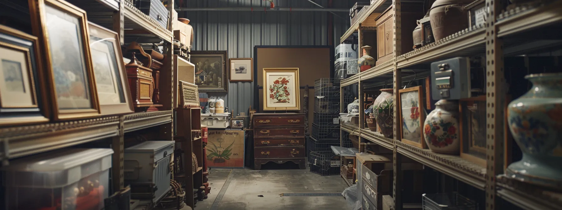 a climate-controlled storage unit filled with valuable antiques and artwork, protected from damage by precise humidity and temperature control. a climate-controlled storage unit filled with valuable antiques and artwork, protected from damage by precise humidity and temperature control.