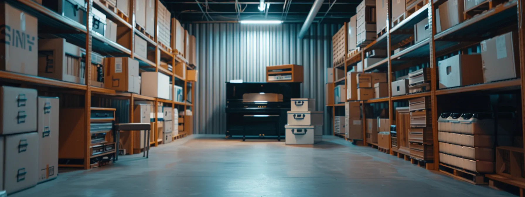 a climate-controlled storage unit filled with neatly stacked boxes, a piano, and delicate furniture under soft, even lighting to highlight its importance in protecting valuable items. a climate-controlled storage unit filled with neatly stacked boxes, a piano, and delicate furniture under soft, even lighting to highlight its importance in protecting valuable items.