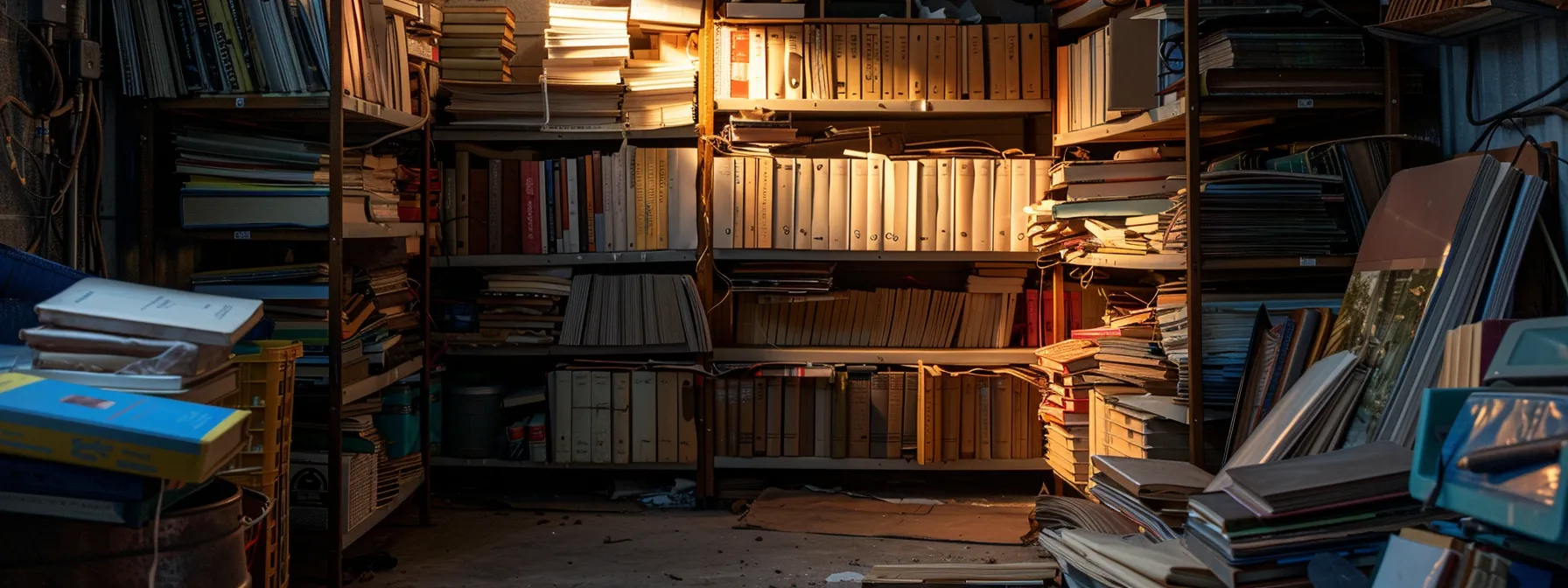 a close-up of a moisture-damaged photo album and warped books in a dimly lit storage unit, highlighting the impact of orange county's humid climate on stored items. a close-up of a moisture-damaged photo album and warped books in a dimly lit storage unit, highlighting the impact of orange county's humid climate on stored items.
