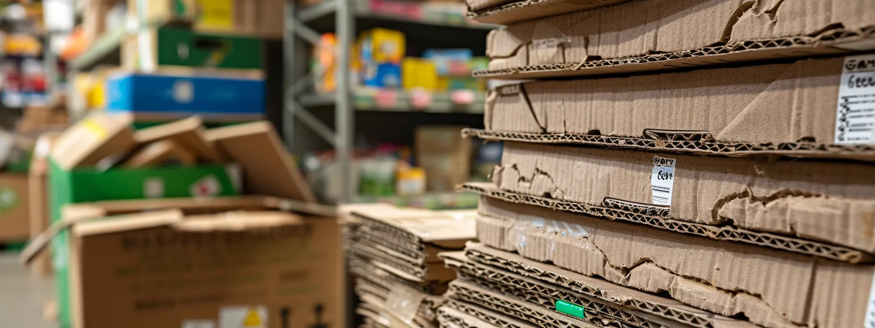 a close-up photo of a stack of sturdy, cardboard boxes labeled as recyclable and biodegradable, set against a backdrop of a bustling eco-friendly packing supplies store in downtown san francisco. a close-up photo of a stack of sturdy, cardboard boxes labeled as recyclable and biodegradable, set against a backdrop of a bustling eco-friendly packing supplies store in downtown san francisco.