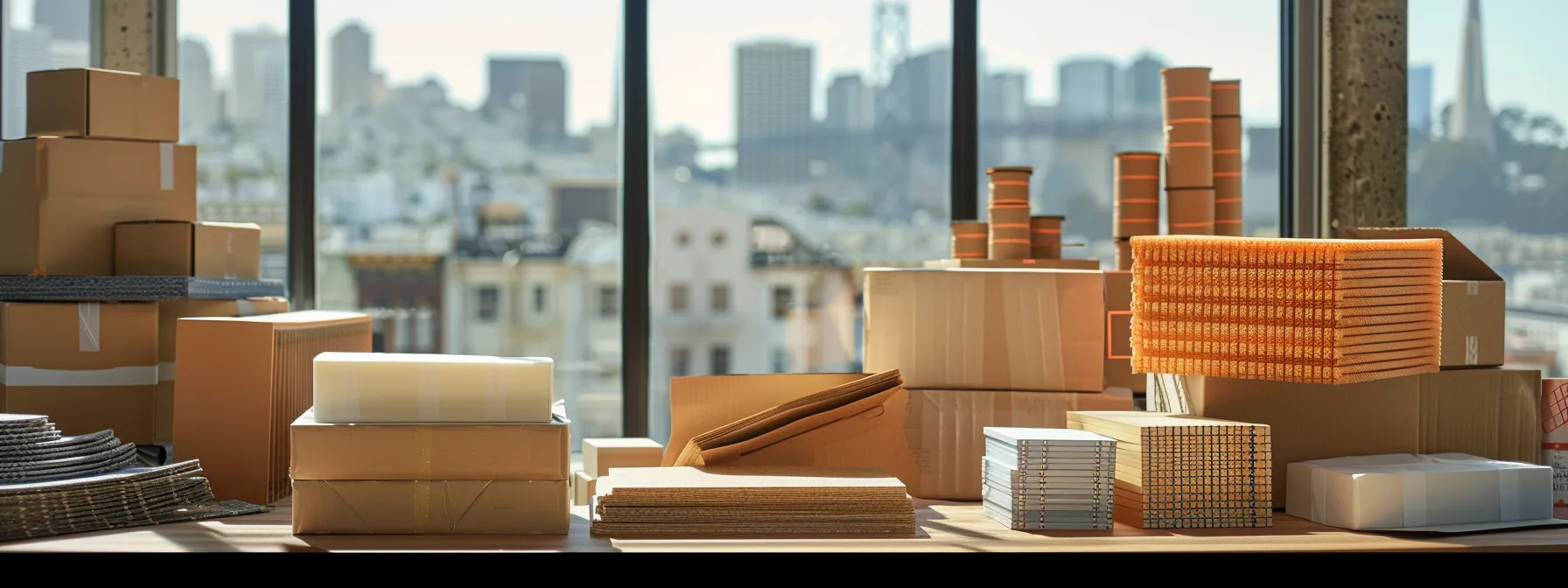 a close-up shot of various eco-friendly packing materials neatly arranged, showcasing different box sizes and protective layers with a scenic view of downtown san francisco in the background. a close-up shot of various eco-friendly packing materials neatly arranged, showcasing different box sizes and protective layers with a scenic view of downtown san francisco in the background.