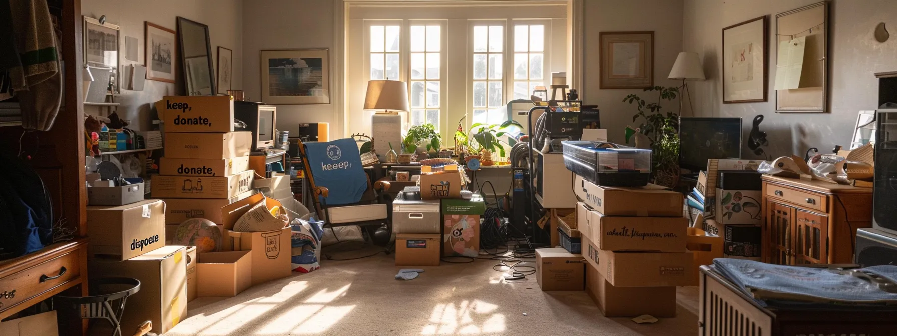 a clutter-free living room with neatly organized piles of belongings labeled a clutter-free living room with neatly organized piles of belongings labeled