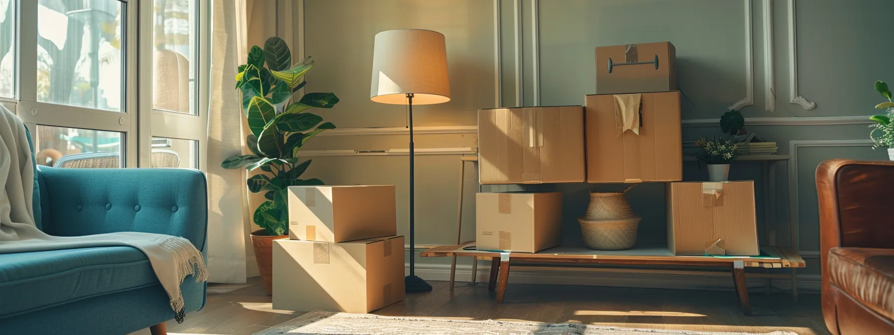 a clutter-free living room with neatly packed boxes, ready for a cost-effective local move in los angeles.